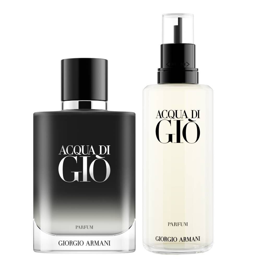 Two bottles of Acqua di Gio by Giorgio Armani: a dark, sleek perfume bottle on the left and a lighter, transparent body spray bottle on the right. Both are elegantly designed with the brand name prominently displayed.
