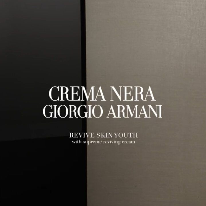 An elegant advertisement for Giorgio Armani's Crema Nera, featuring the phrase "Revive Skin Youth" with images of dark and light backgrounds.
