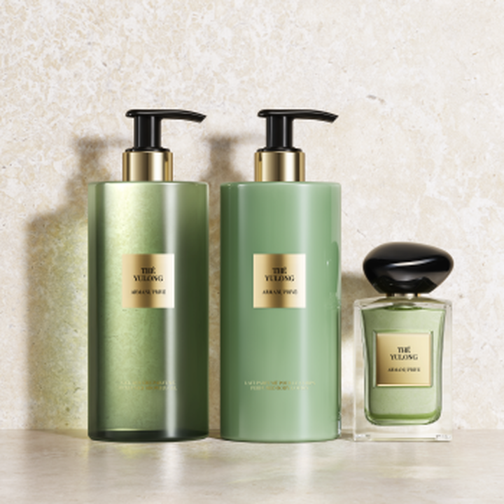 Il rito completo Armani/Prive The Yulong: Detergente, Latte e l'iconica Eau de Toilette nei toni verde salvia. Su pietra, celebrano il sereno equilibrio del te e la maestria del lusso artigianale.