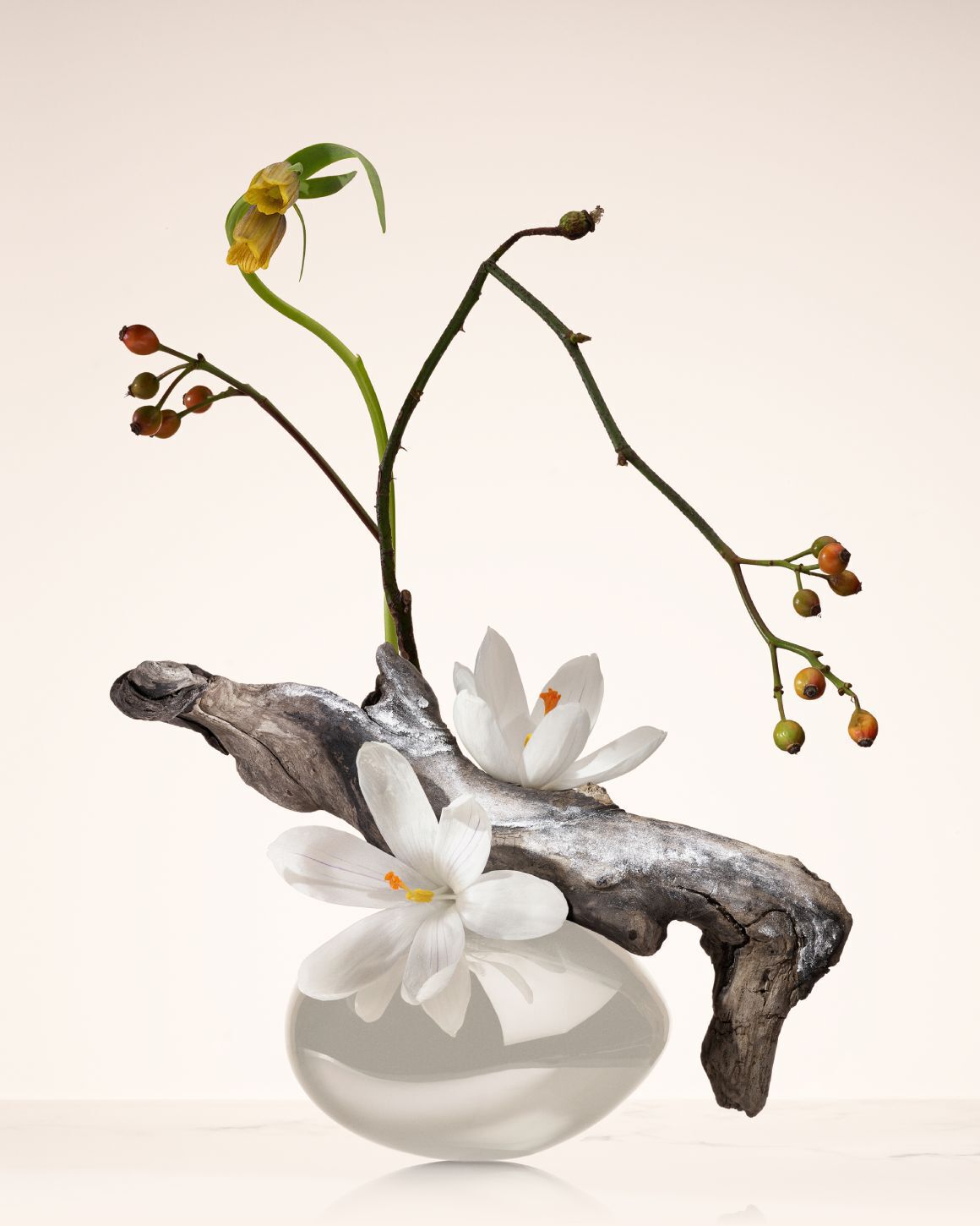 Ikebana with Oud, Saffron and Jasmine flower accompanied by text explaining the "Olfaction Story" of OUD NACRE.