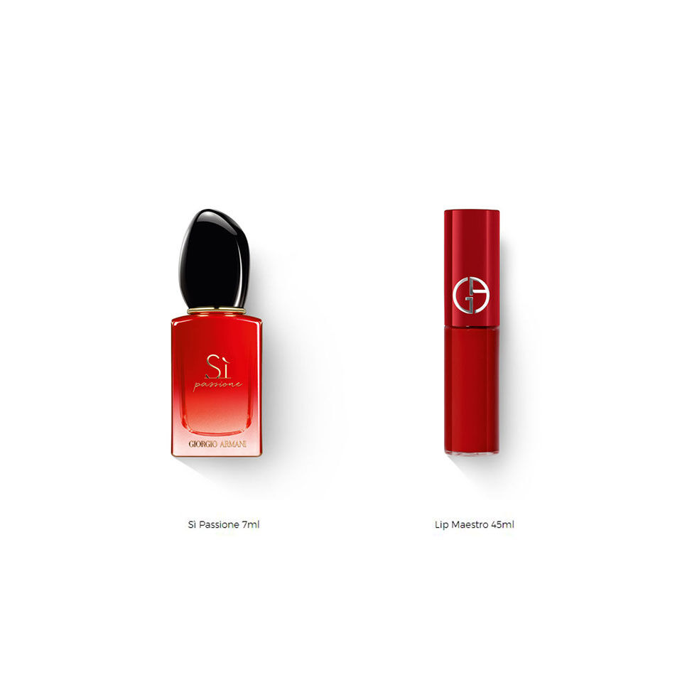 Alt text: A bottle of Si Passione perfume (7ml) next to a Lip Maestro lip product (45ml), both in vibrant red packaging, displayed on a white background.