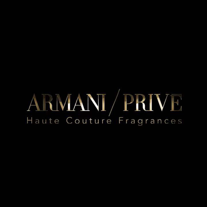 Logo for Armani Prive Haute Couture Fragrances, featuring elegant gold lettering on a black background.