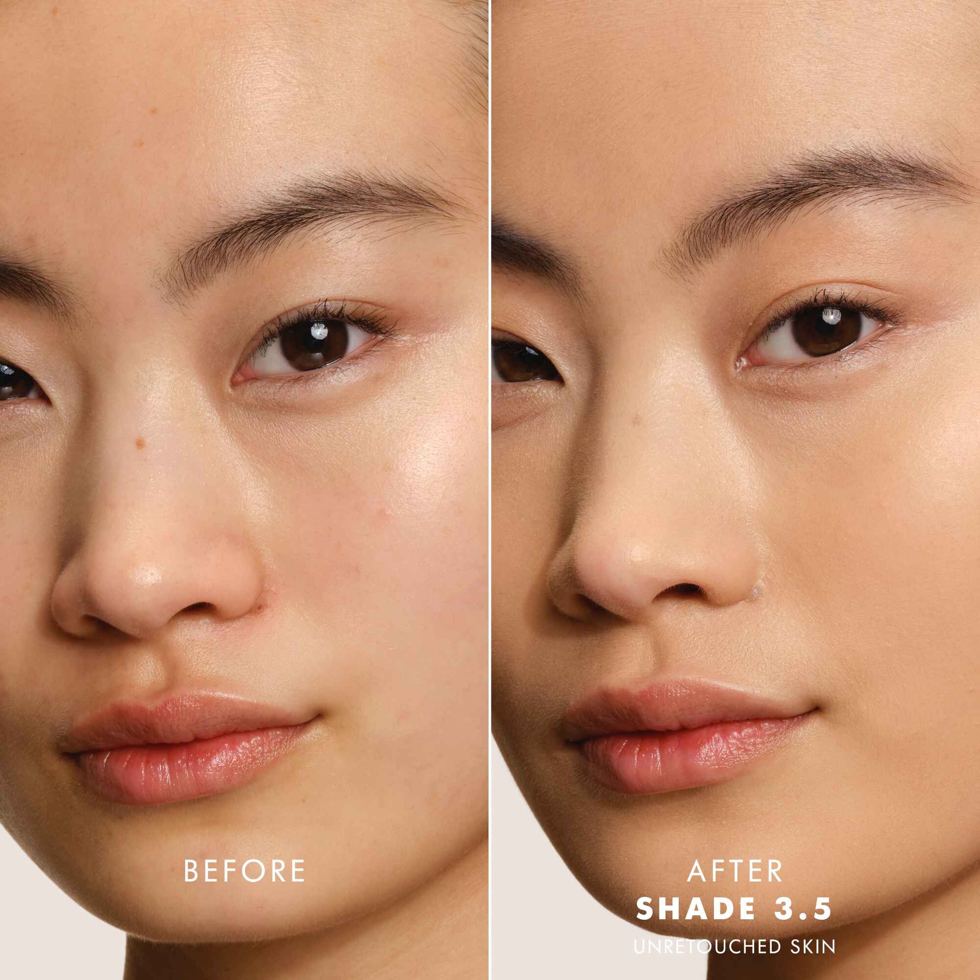 Before and After of the newly enhanced Armani beauty LUMINOUS SILK FOUNDATION
